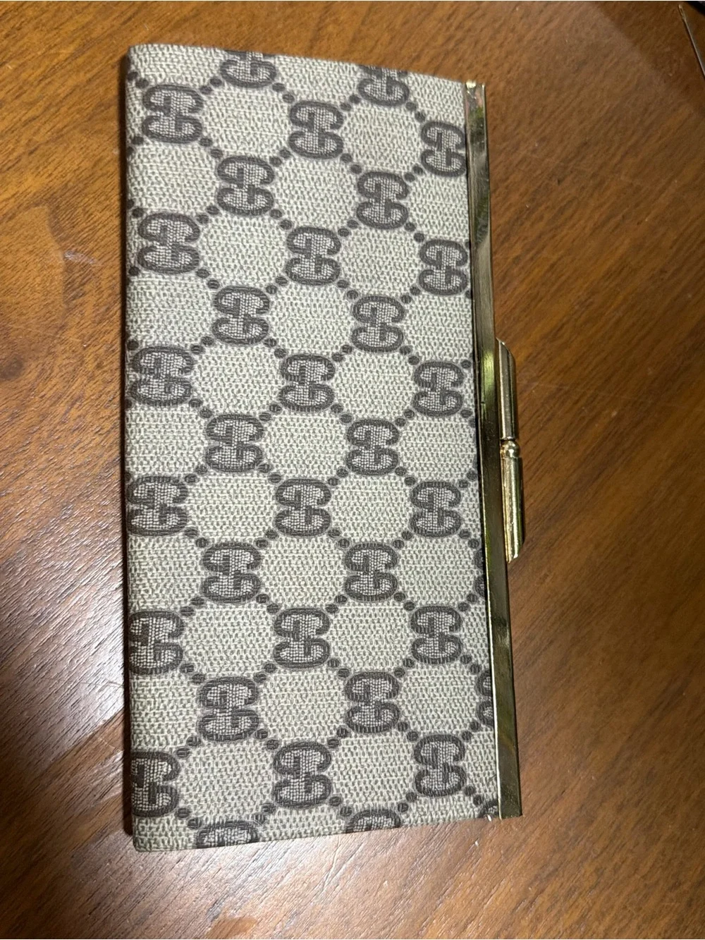 Gucci Beige and Brown GG Monogram Clutch and wallet Set with Gold-Tone Accents